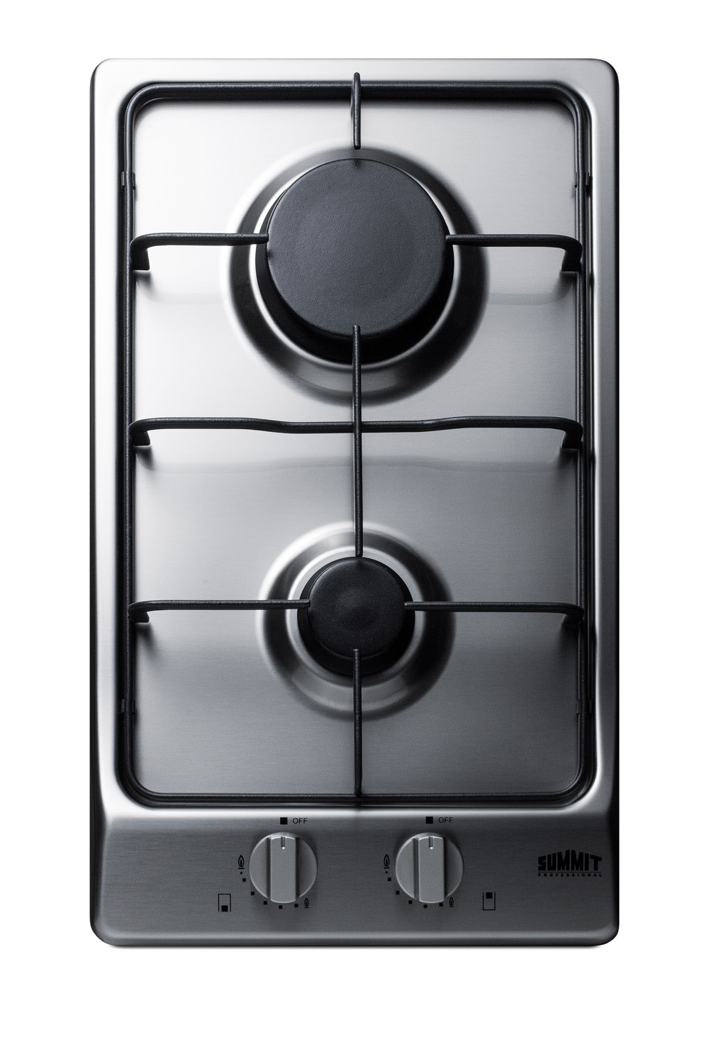 2-burner gas cooktop with sealed burners, stainless steel surface, and cast iron grates